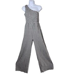 LUXEDO Black White Gingham Jumpsuit One Shoulder Wide Leg Size M Pockets Visco